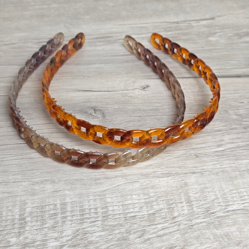 2pc Tortoiseshell and Grey Resin Curb Chain Link Headbands with Teeth Non-Slip